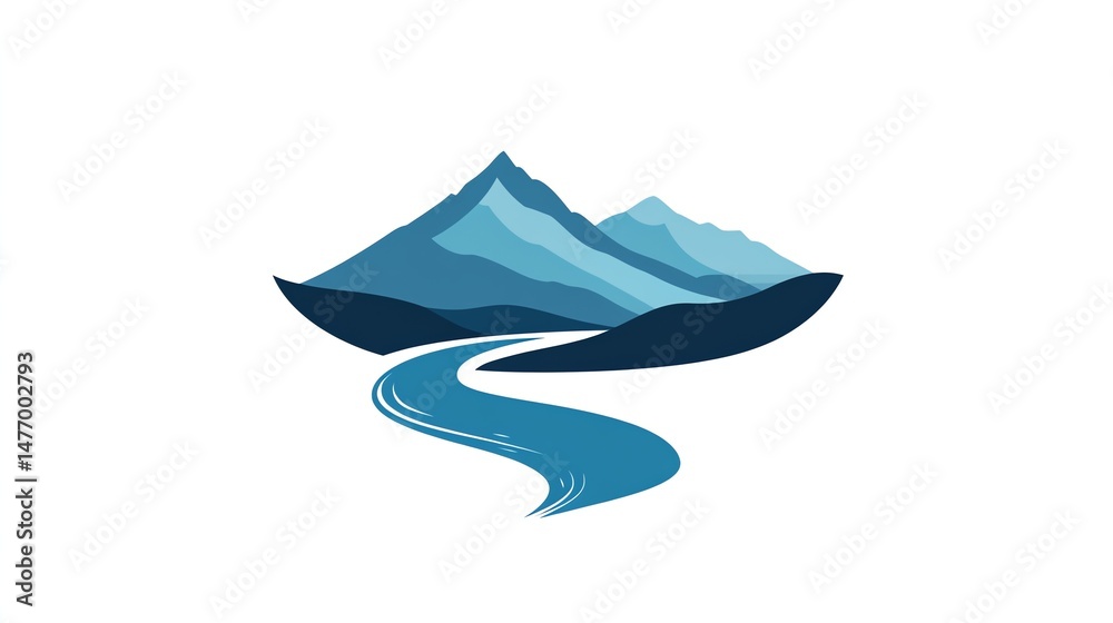Obraz premium A serene vector logo showcases a winding blue river flowing through a majestic, silhouetted mountain range.