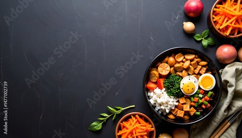 Delicious healthy food photography kitchen table setting colorful ingredients bright lighting gourmet concept