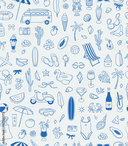 Seamless pattern of summer vacation illustrations. Line art, ink, minimalist style. Vector illustration. Summer collection.
