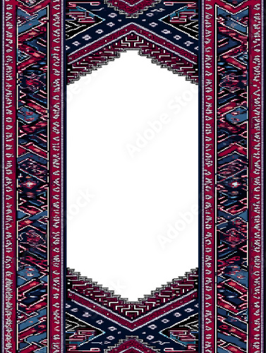 Traditional ethnic pattern as a rug border design. Geometric and tribal ornament for carpet and textile production. Detailed motif illustration for decorative art.