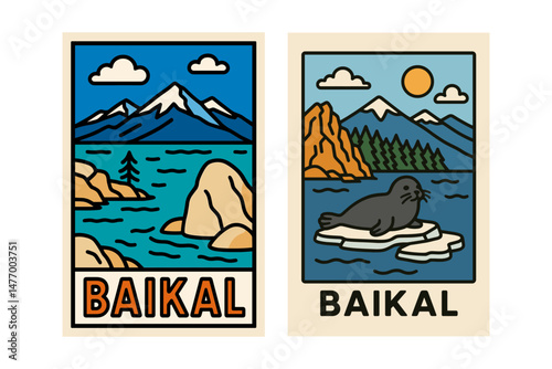 Scenic Views of Lake Baikal with Seals Vector Illustration. landscapes of Lake Baikal, showcasing the lake's iconic mountainous backdrop, pristine waters, and a seal resting on an ice floe