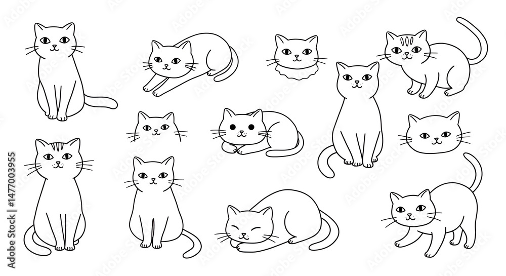 Fototapeta premium Cute Cats Cartoon Outline Illustrations Set