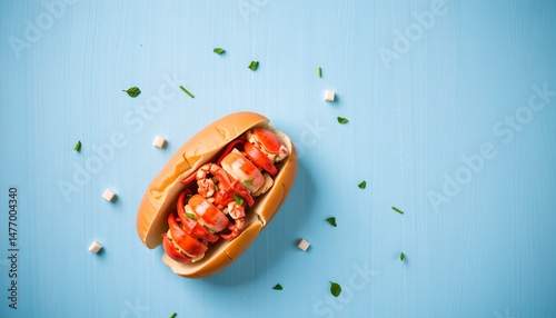 Delicious lobster roll photography bright blue background creative food composition vibrant environment top view concept