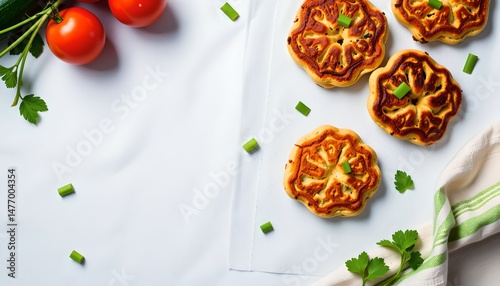 Delicious food photography captivating flat lay of savory pancakes with fresh ingredients bright kitchen setting