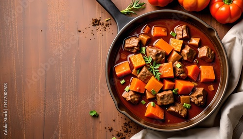 Hearty beef stew with vegetables kitchen table food photography cozy indoor setting top-down view comfort food