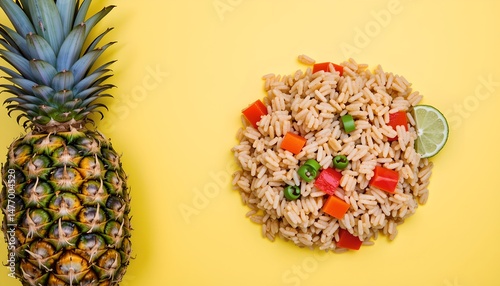 Vibrant tropical rice dish photography yellow background culinary art showcase food inspiration