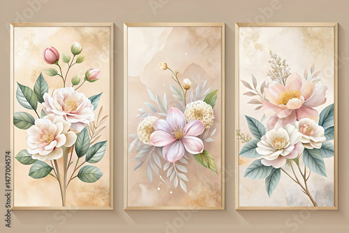 Minimalist hand painted wall art pastel colored flower composition on bone background