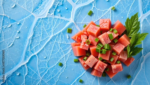 Savoring colorful food photography fresh diced watermelon on ice bright blue background artistic presentation