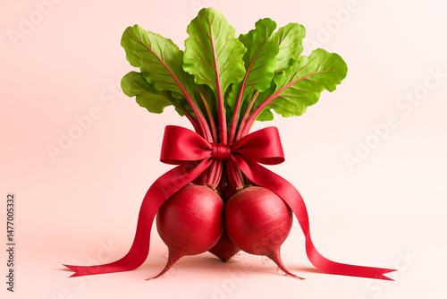 Cultivating vibrant giants beetroot with lush leaves and red ribbon tied around stems on pastel background creates cheerful mood