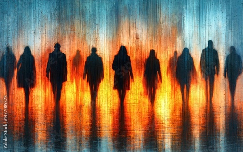 A crowd walks a city street at night.  Silhouettes and vibrant light