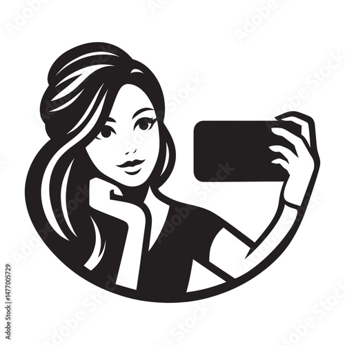 Modern girl blogger taking a picture of herself on a smartphone. logo, vector illustration