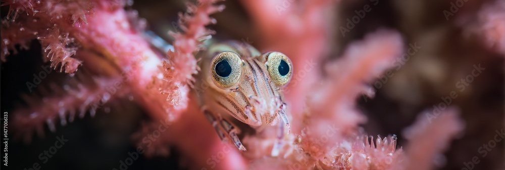 Tiny crustacean nestled in pink coral underwater garden Tiny crustacean nestled in pink coral underwater garden