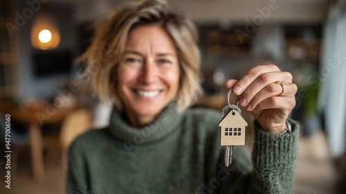 Happy Woman Holding New House Keys in Cozy Living Room. realtor selling apartment, offering to client, real estate agent, mortgage or rent