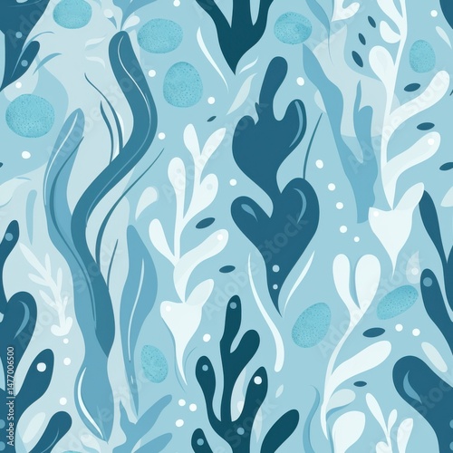 seamless pattern of abstract minimal sea plant shapes and bubbles in soft blue and aqua tones, simple vector style