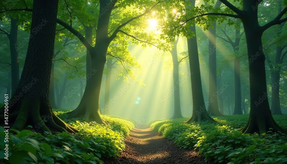 Obraz premium Sunlight dappling through lush forest canopy, creating a magical atmosphere , sunlight, woodland, background