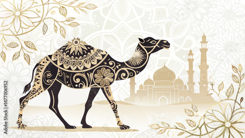 Silhouette of camel decorated with traditional Islamic patterns against pure white background with copy space