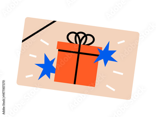 Hand drawn cute cartoon illustration of gift card. Flat vector promotion voucher doodle. Coupon with present sign icon or sticker. Discount promo code symbol. Marketing advertising. Isolated.
