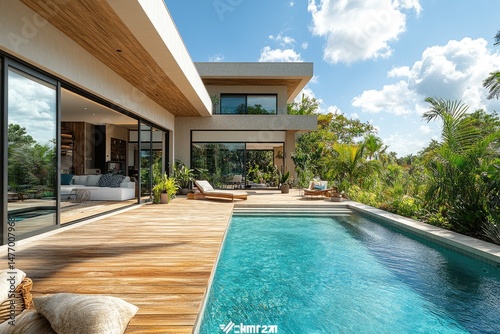 Modern house exterior with pool and deck area.