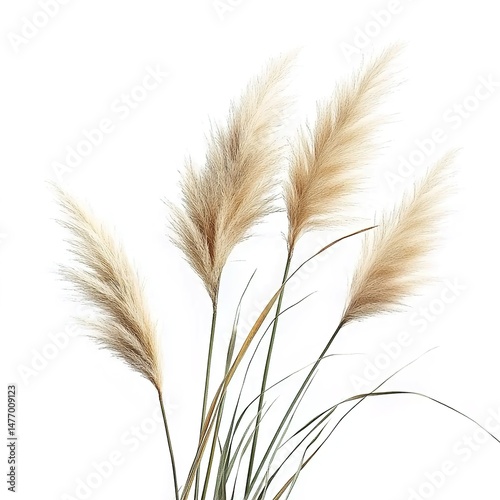 Pampas grass bundle with feathery plumes on white background.