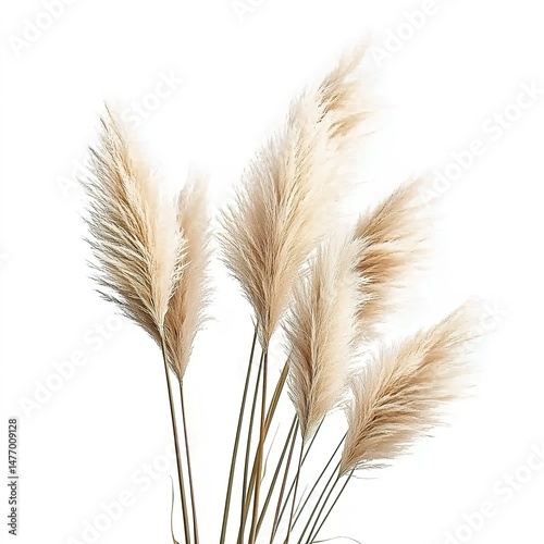 Pampas grass bundle with feathery plumes on white background.
