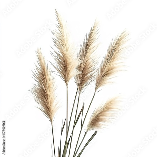 Pampas grass bundle with feathery plumes on white background.