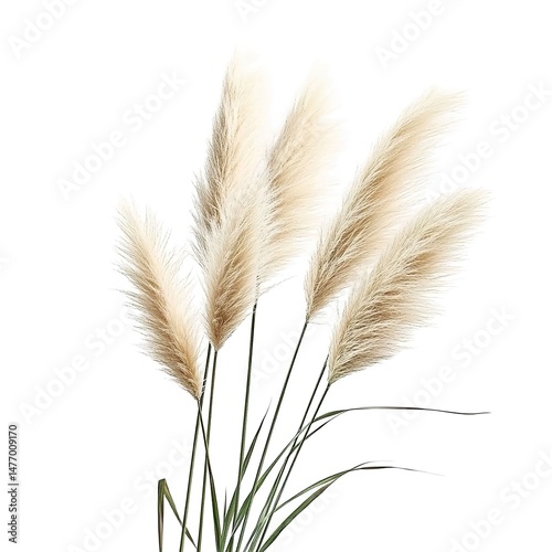 Pampas grass bundle with feathery plumes on white background.