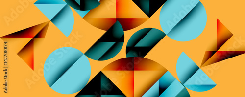 Abstract geometric shapes overlap, creating dynamic composition. Warm orange contrasts cool blues, greens. Modern design, clean lines present visual interest.