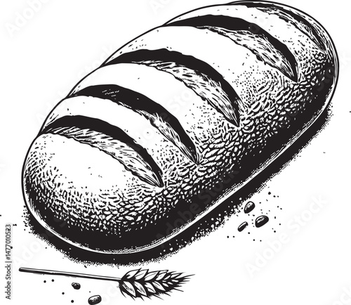 Monochrome artwork depicting a loaf of bread alongside a detailed artist's brush and wheat, symbolizing artistic expression blending culinary craftsmanship
