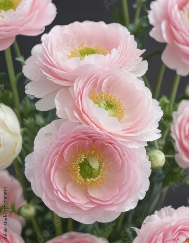 Delicate pink & white ranunculus blooms, close-up , petals, garden