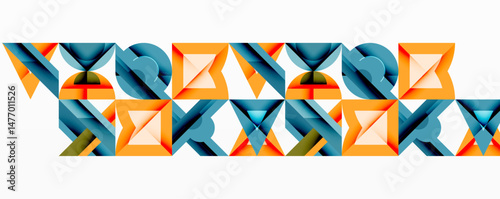Abstract geometric pattern. Repeating shapes create linear composition. Blue, orange hues dominate design. Minimalist style.