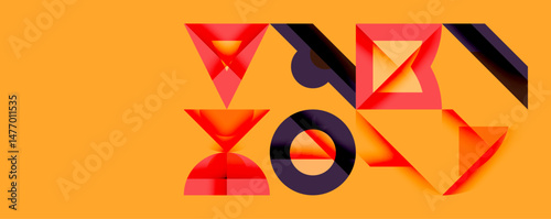 Abstract geometric shapes overlap, creating dynamic composition. Orange background contrasts with red, purple elements. Modern design.