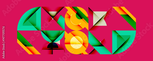 Abstract geometric shapes form word good. Vivid colors, dynamic composition, modern design. Bright pink background enhances visual impact.