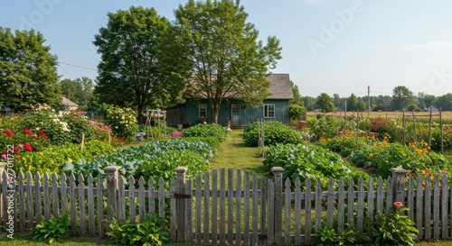Rustic farmhouse garden with vegetable plots
