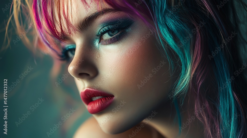 Fototapeta premium A vibrant young woman with intensely colored hair ? streaks of pink, blue, and purple ? confidently gazes directly at the camera, radiating a playful and artistic energy.