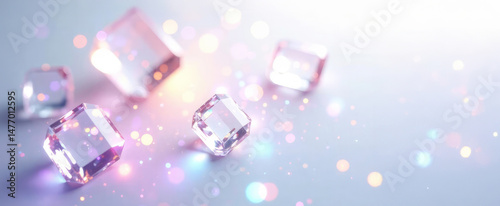 Abstract background with gemstones, diamonds and soft combination of pastel colors and sparkling bokeh effect with space for text. Shimmering surface, sparkling particles