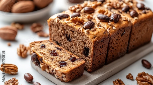 Deliciously baked nut and coffee cake with sliced portions on a light background