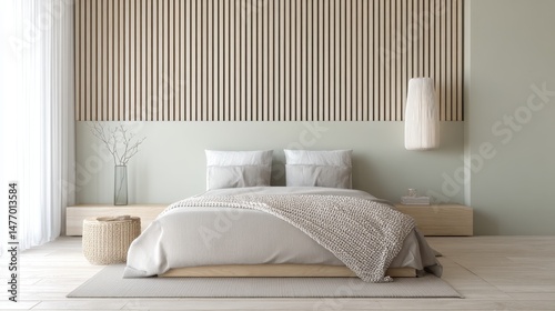 Fototapeta Naklejka Na Ścianę i Meble -  minimalist bedroom full view, wood slat headboard, matte sage wall, light knit throw, soft ambient light, neutral palette