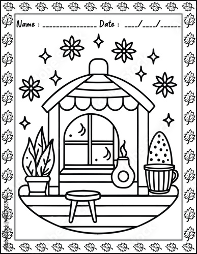 Hygge Place Coloring Pages For Kid and adult.  High resolution (300 DPI), ready to print on standard 8.5x11 inch paper With No Bleed, Black and White Vector illustration AI, EPS, PNG, JPEG.