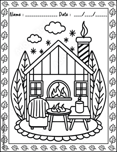Hygge Place Coloring Pages For Kid and adult.  High resolution (300 DPI), ready to print on standard 8.5x11 inch paper With No Bleed, Black and White Vector illustration AI, EPS, PNG, JPEG.