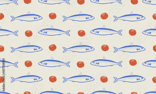 Vector hand-drawn seamless pattern with sardines and tomatoes. Perfect for wrapping paper, packaging, fabric, and textile design. Mediterranean summer illustration.