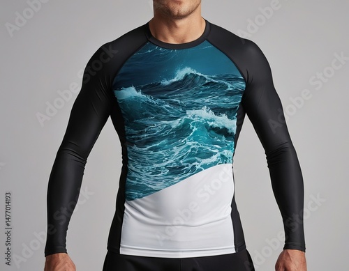Male athlete wearing a wave-patterned rash guard, showcasing athletic build and ocean-inspired design.