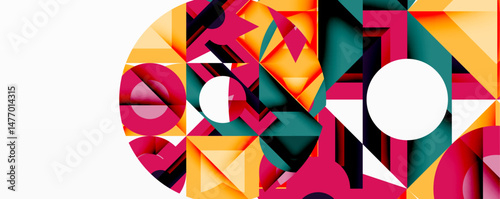 Abstract geometric composition. Vivid colors, shapes intersect, creating dynamic visual experience. Modern design, bold contrasts present.