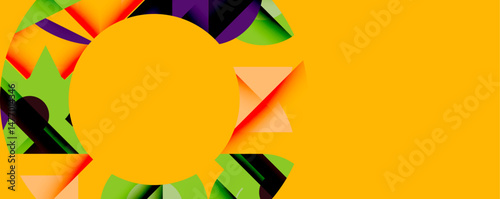 Abstract design features vibrant geometric shapes surrounding central orange circle. Colors include purple, green, orange, black. Modern aesthetic.