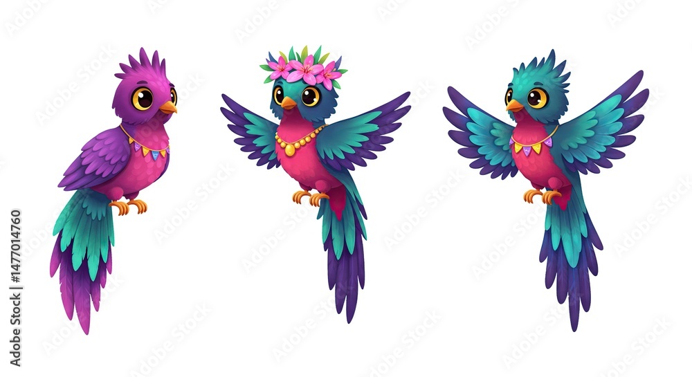 Three Colorful Cartoon Birds Tropical Design Element Three Colorful Cartoon Birds Tropical Design Element