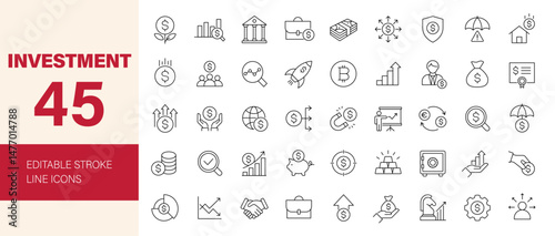 Investment icon set. Containing investor, asset, profit, dividend, economy, financial gain, money, risk management, growth, fund and more. Editable line icons. Vector illustration.