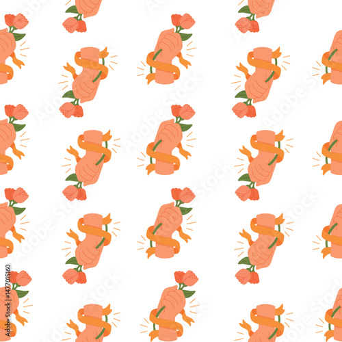 Seamless pattern with raised fists holding roses and wrapped in ribbons, symbolizing strength, softness and solidarity.