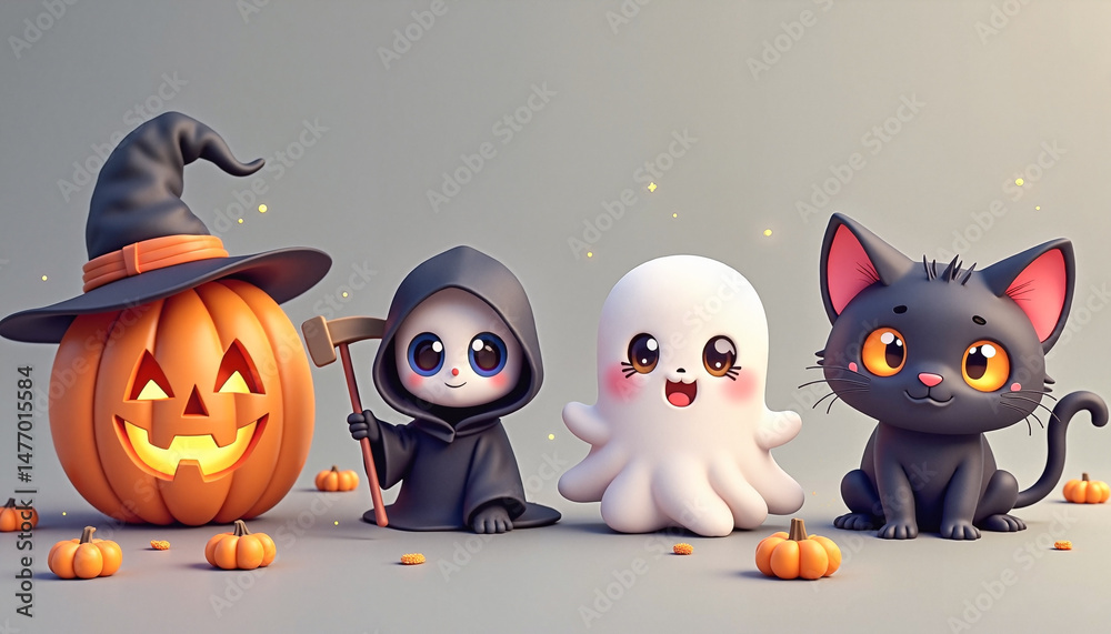 Obraz premium Four cute Halloween characters including a grinning jack-o'-lantern, mini grim reaper, round-eyed ghost, and black cat-pumpkin hybrid on a neutral gray background, playful autumn celebration.