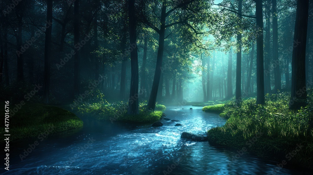 Naklejka premium A glowing river flowing through an enchanted dark forest