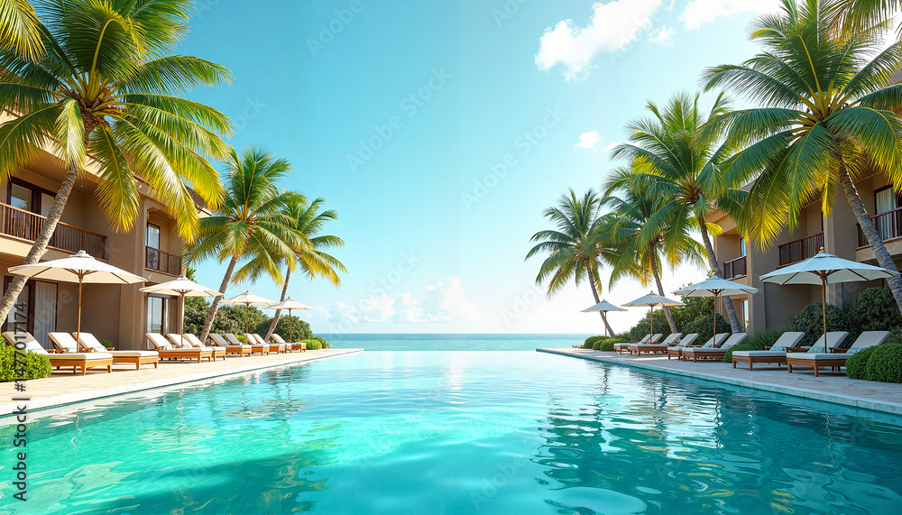 Obraz premium Infinity pool in a tropical resort with palm trees and sunbeds under a clear blue sky, showcasing luxury summer relaxation.