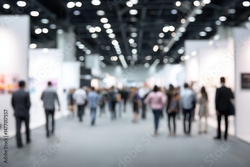 Blurred view of a busy art exhibition hall filled with visitors looking at artwork displayed in a modern, bright, and spacious environment.